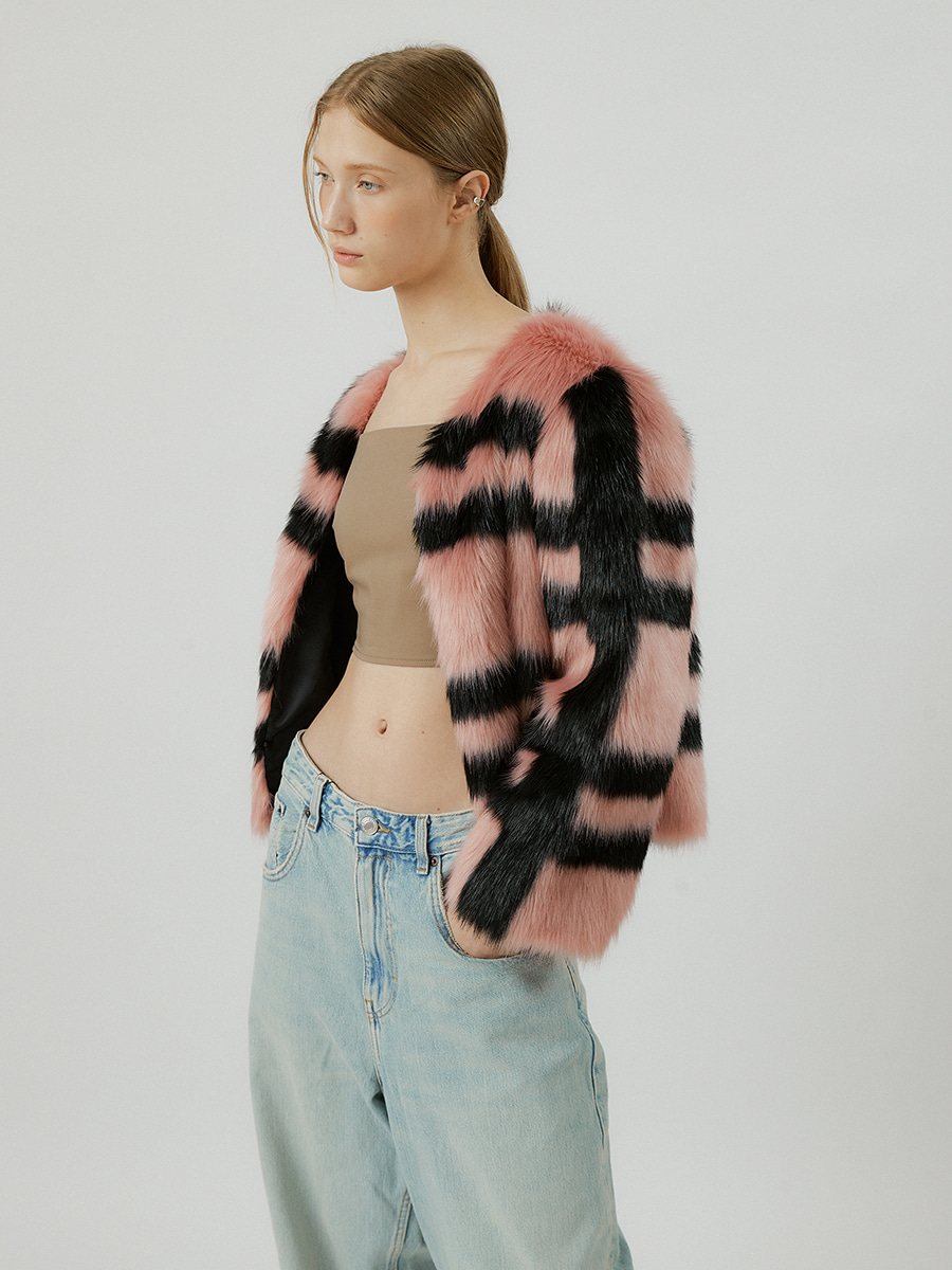 CINDY stripe pattern fur jacket [pink]